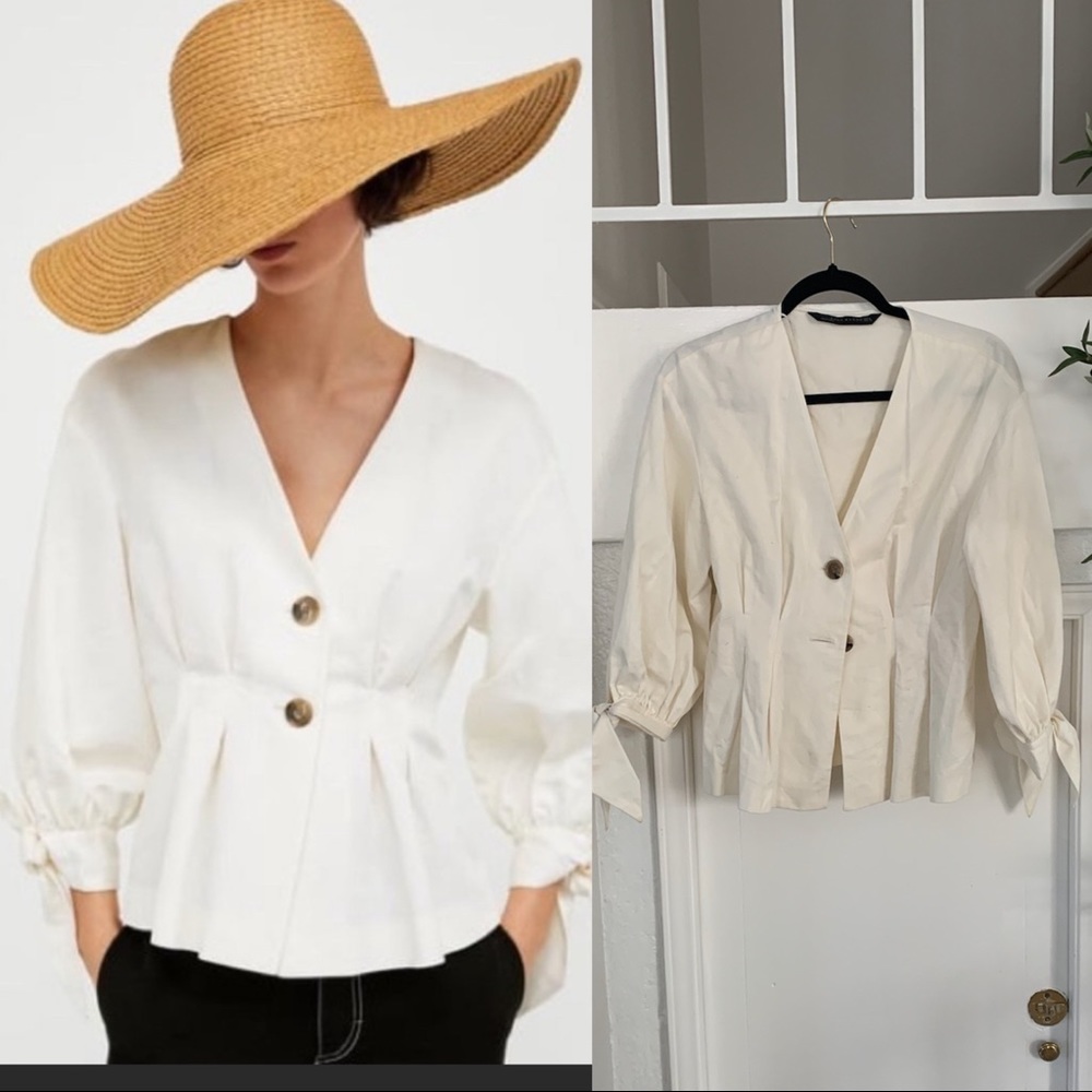ZARA PLEATED TOP BLOUSE SHIRT V-NECK BOW ECRU LINEN